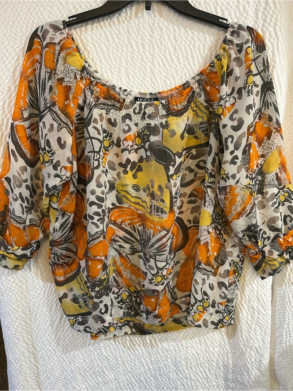 Unique Spectrum Orange & Yellow Printed Off-Shoulder Blouse